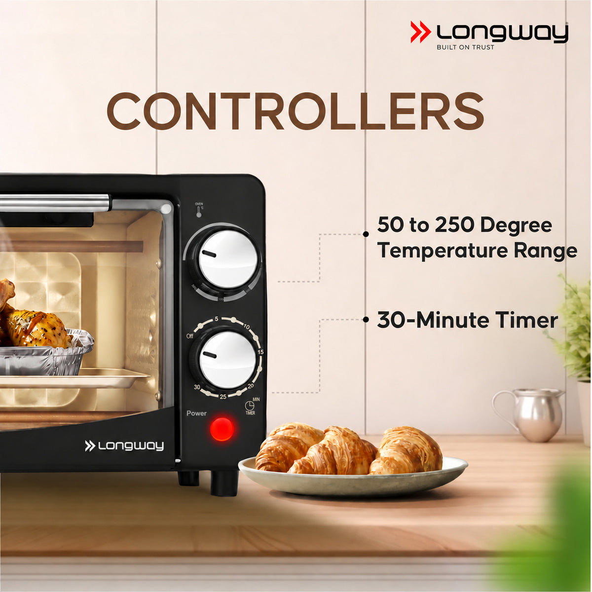 Longway Royal Plus OTG 12L Oven Toaster Griller with Multiple Heating Modes | Temperature Timer Control for Baking Pizza, Cake, Grilling Chicken & Toasting Bread | 2 Years Warranty (1000W)