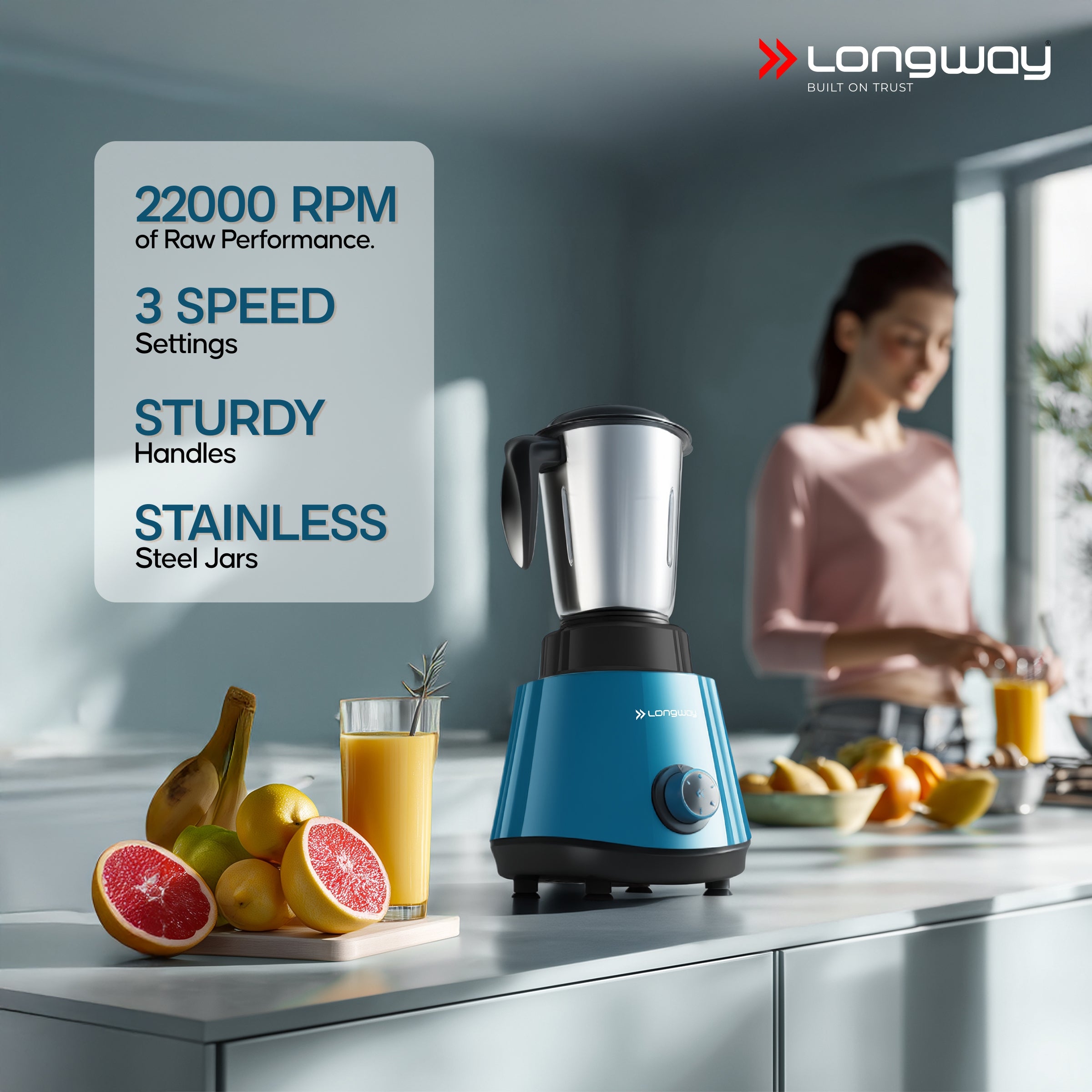Longway Super Pro Juicer Mixer Grinder | Up to 500 - 750 Watt Max Output Powerful Motor | for Grinding, Mixing, Juicing | 2 Year Warranty
