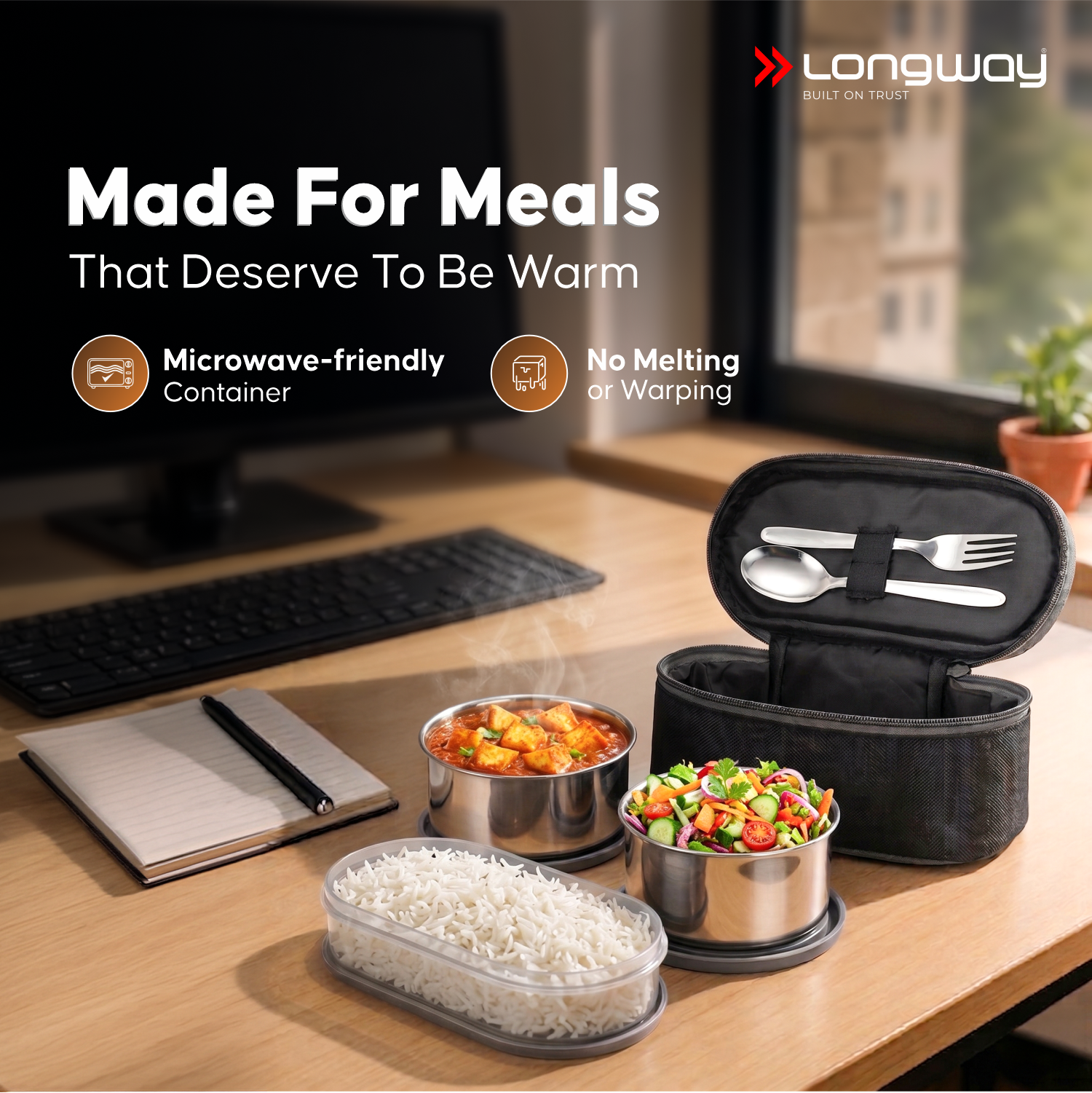 Longway Craveo Stainless Steel Lunch Box with 3 Containers | 2 Round 300ml Each & 1 Oval 500ml | Airtight & Leak Resistant Tiffin Box with Spoon | Food-Grade Steel Lunch Box for Office, School & College