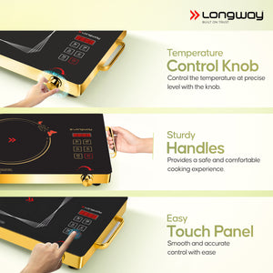 Longway Infralite Pro ICT 2200 W Infrared Cooktop with Free Stainless Steel Grill | Auto Shut Off & Overheat Protection