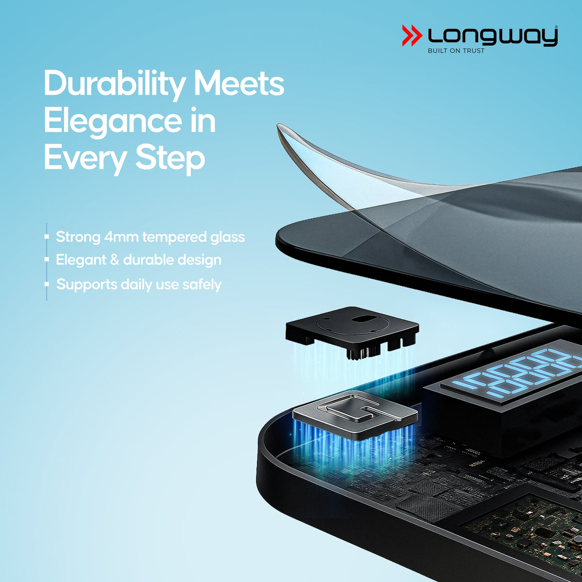 Longway Weight Machine for Home | Digital Bathroom Scale for Human Body Weight Measurement | Extra Thick Tempered Glass with LCD Display (36 Months Warranty | Max Weight 180Kgs | Aura)