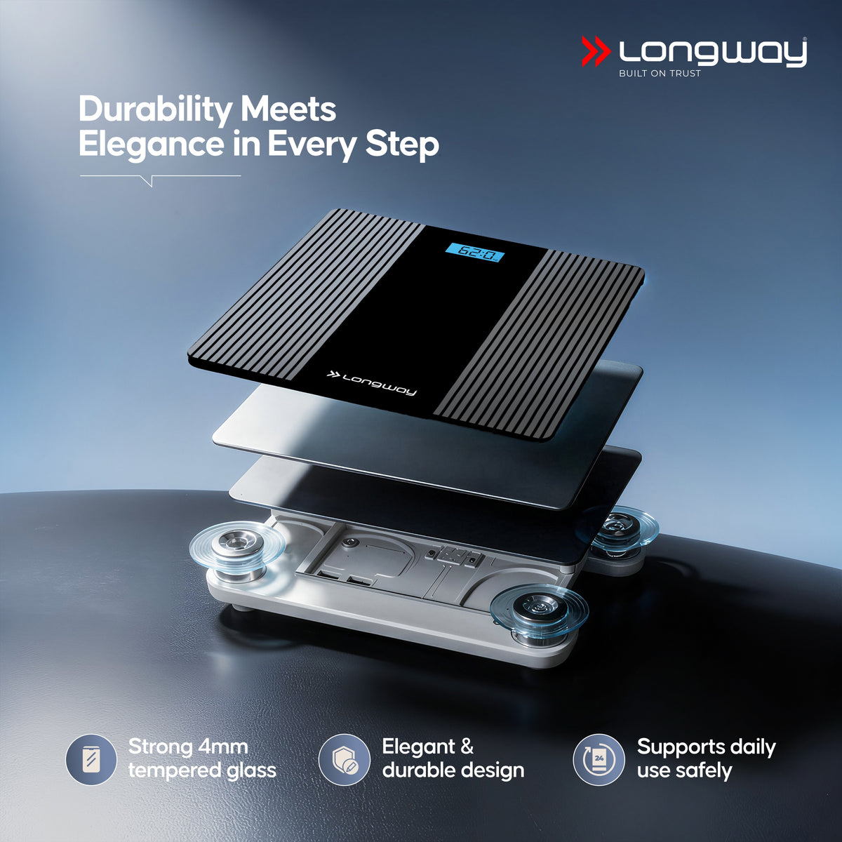Longway Weight Machine for Home | Digital Bathroom Scale for Human Body Weight Measurement | Extra Thick Tempered Glass with LCD Display (36 Months Warranty | Max Weight 180Kgs | Strive)