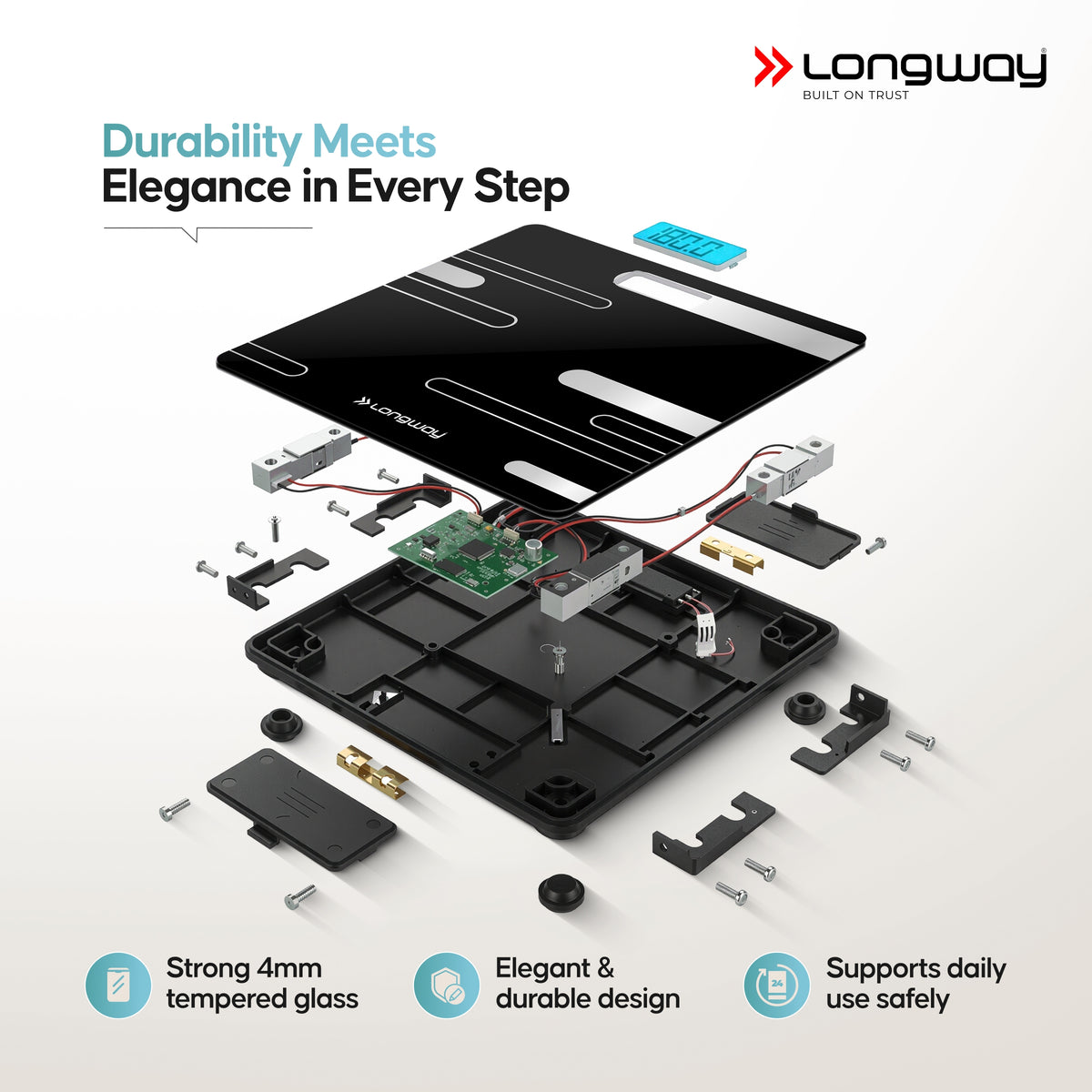 Longway Weight Machine for Home | Digital Bathroom Scale for Human Body Weight Measurement | Extra Thick Tempered Glass with LCD Display (36 Months Warranty | Max Weight 180Kgs | Power)
