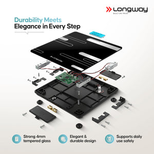 Longway Weight Machine for Home | Digital Bathroom Scale for Human Body Weight Measurement | Extra Thick Tempered Glass with LCD Display (36 Months Warranty | Max Weight 180Kgs | Power)