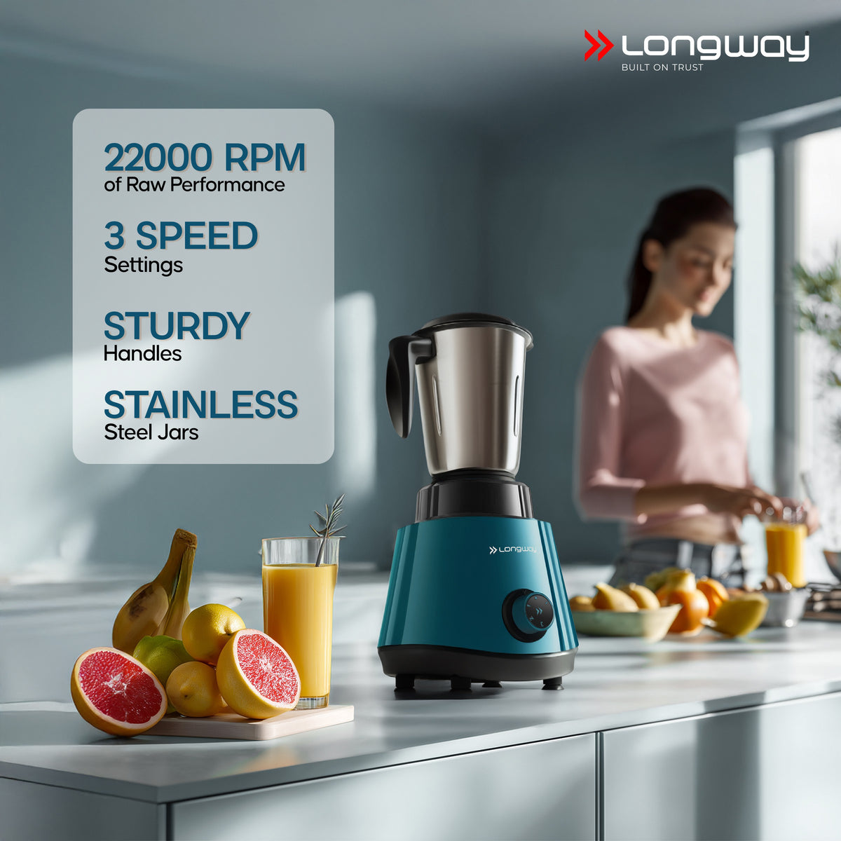 Longway Super Pro Juicer Mixer Grinder | Up to 500 - 750 Watt Max Output Powerful Motor | for Grinding, Mixing, Juicing | 2 Year Warranty