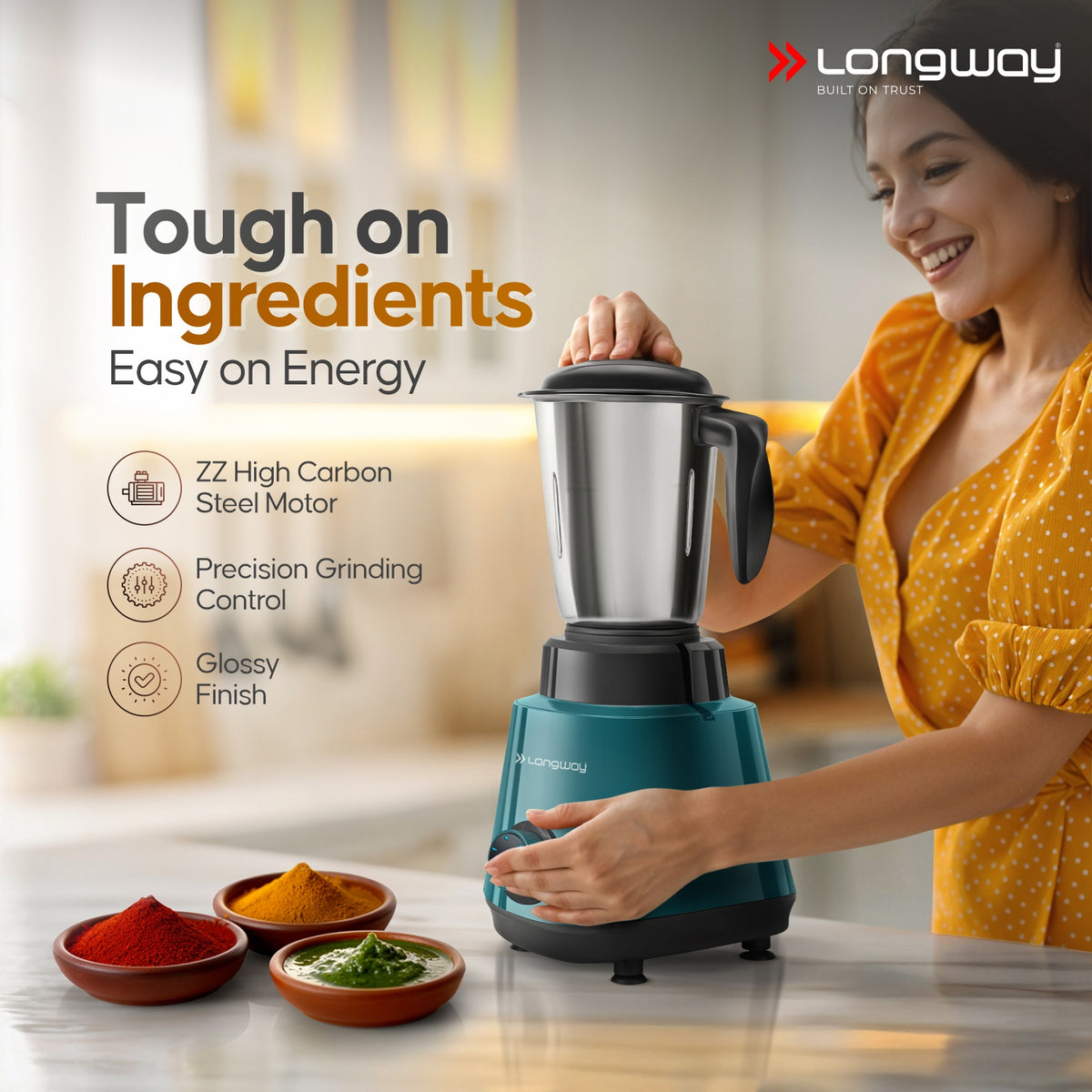 Longway Super Pro Juicer Mixer Grinder | Up to 500 - 750 Watt Max Output Powerful Motor | for Grinding, Mixing, Juicing | 2 Year Warranty