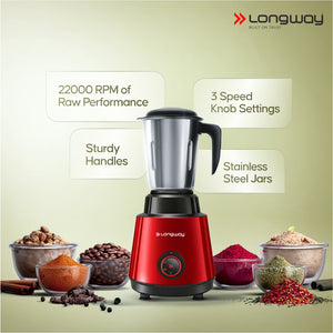 Longway Super Pro Juicer Mixer Grinder | Up to 500 - 750 Watt Max Output Powerful Motor | for Grinding, Mixing, Juicing | 2 Year Warranty