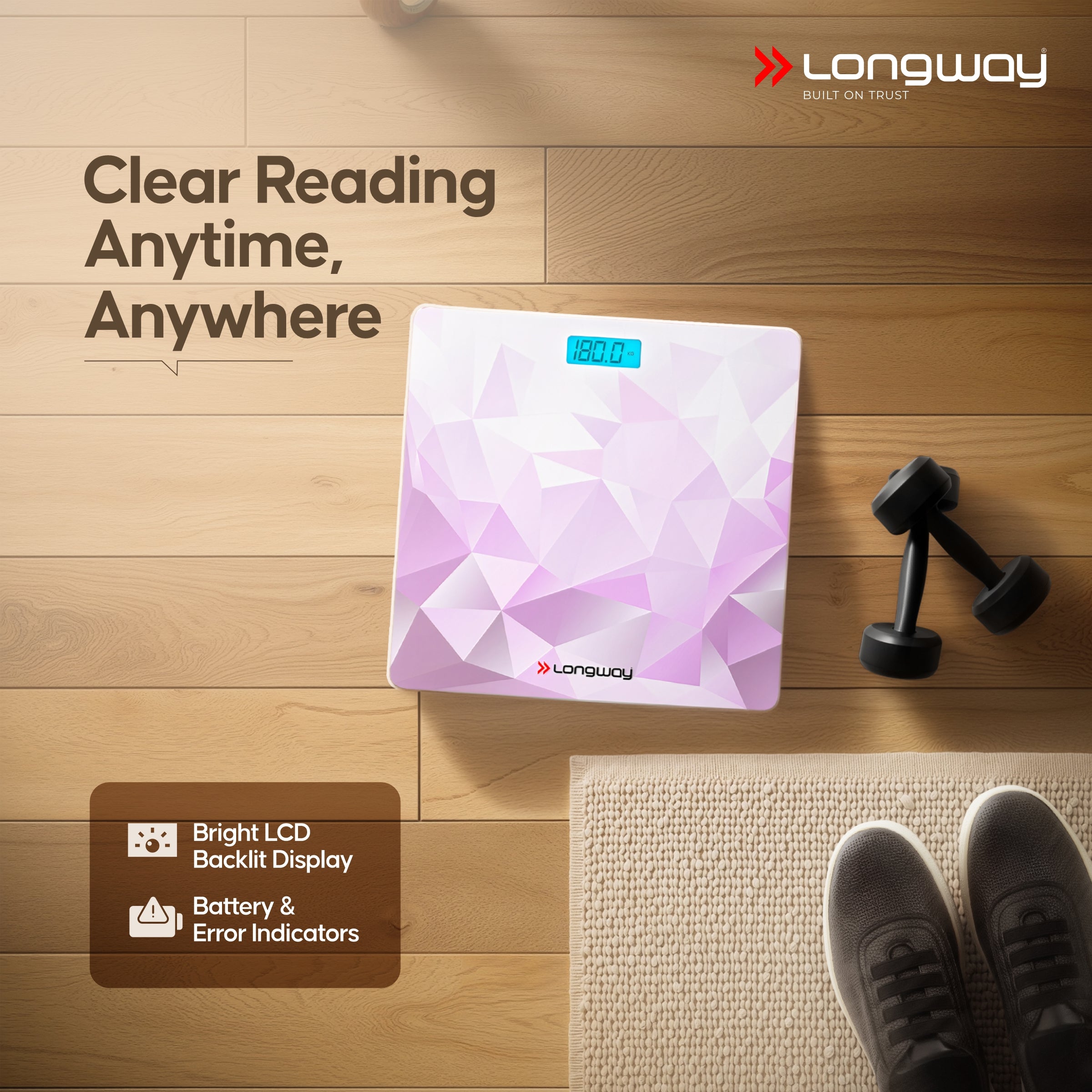 Longway Weight Machine for Home | Digital Bathroom Scale for Human Body Weight Measurement | Extra Thick Tempered Glass with LCD Display (36 Months Warranty | Max Weight 180Kgs | Sapphire)