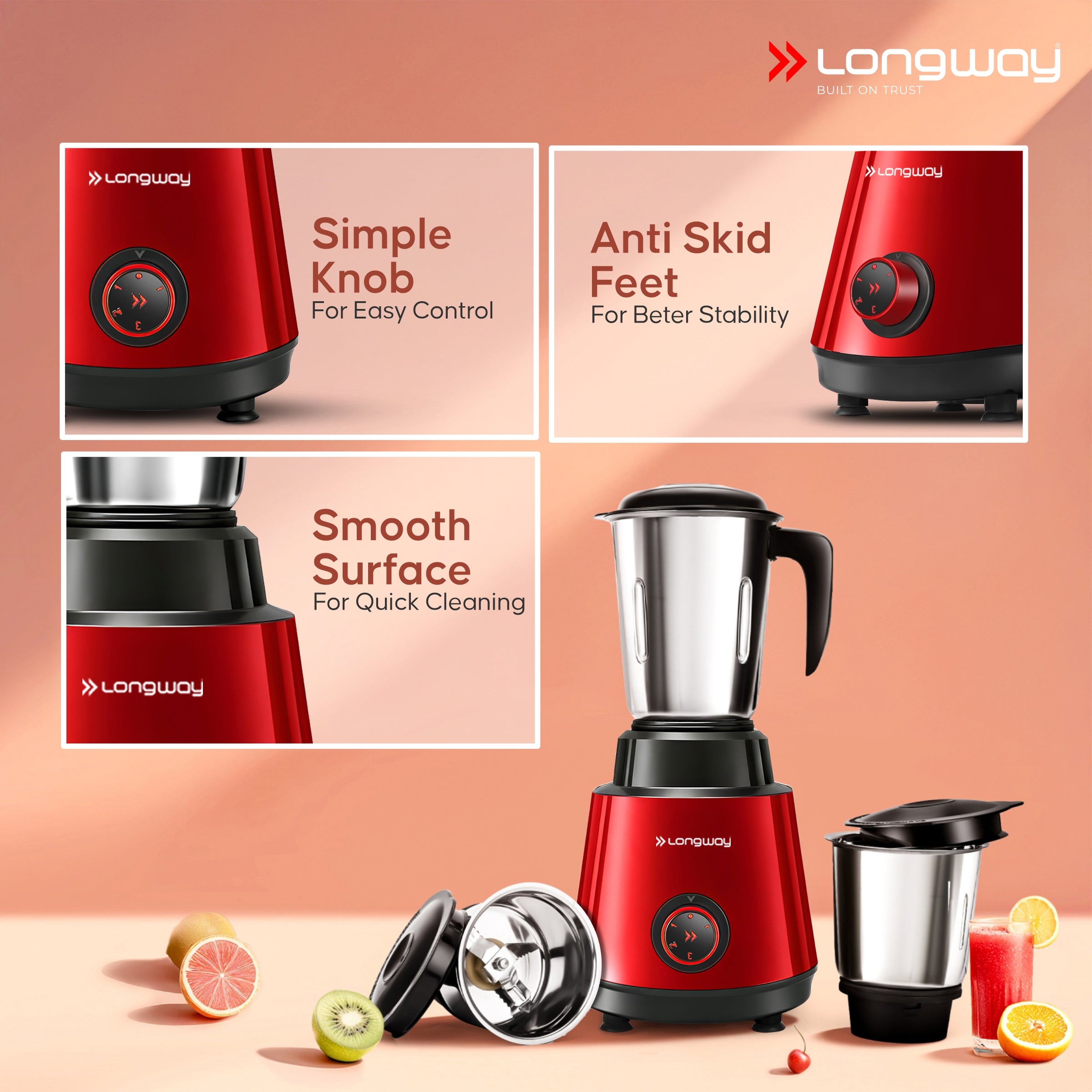 Longway Super Pro Juicer Mixer Grinder | Up to 500 - 750 Watt Max Output Powerful Motor | for Grinding, Mixing, Juicing | 2 Year Warranty