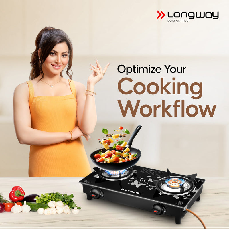 Longway Astra Glass Top, Manual Ignition Glass Gas Stove (Black, ISI Certified, 2 Years Warranty)
