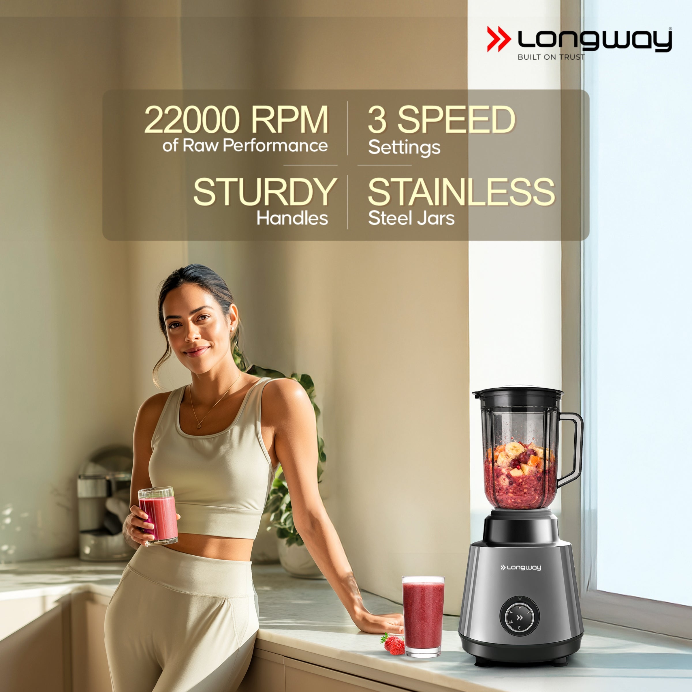 Longway Super Pro Juicer Mixer Grinder | Up to 500 - 750 Watt Max Output Powerful Motor | for Grinding, Mixing, Juicing | 2 Year Warranty