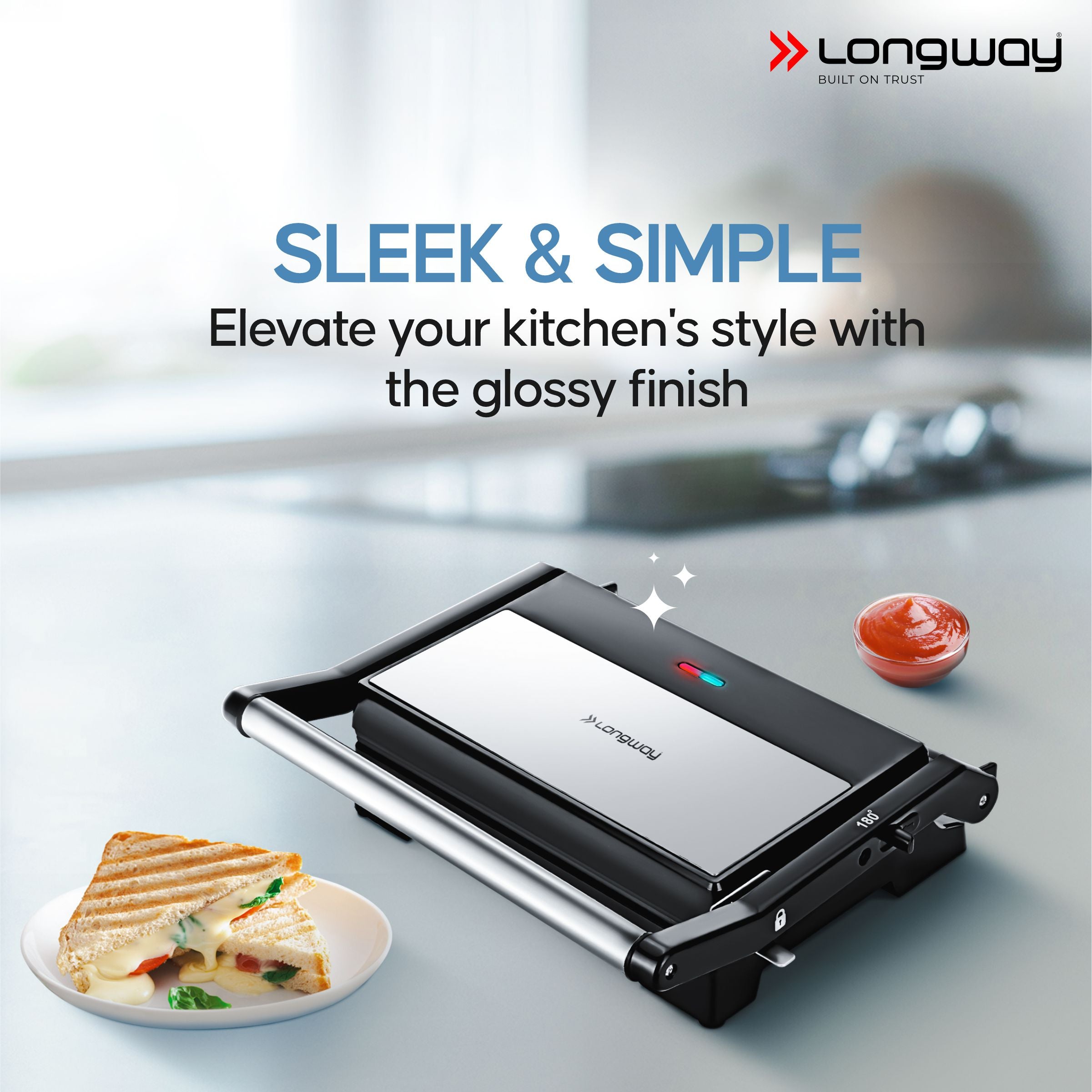 Longway Crisp Master 1000 W Electric Panini Sandwich Maker, Grill & Toaster | Non-stick Coating Cast Aluminum Plates | Adjustable Height Control & Floating Hinges | Grills Sandwiches, Bread, Burger, Grilled Chicken & Kebabs (Metallic Silver)