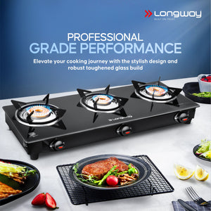 Longway Furn Glass Top, 3 Burner Manual Ignition Glass Gas Stove (Black, ISI Certified, 1 Year Warranty)