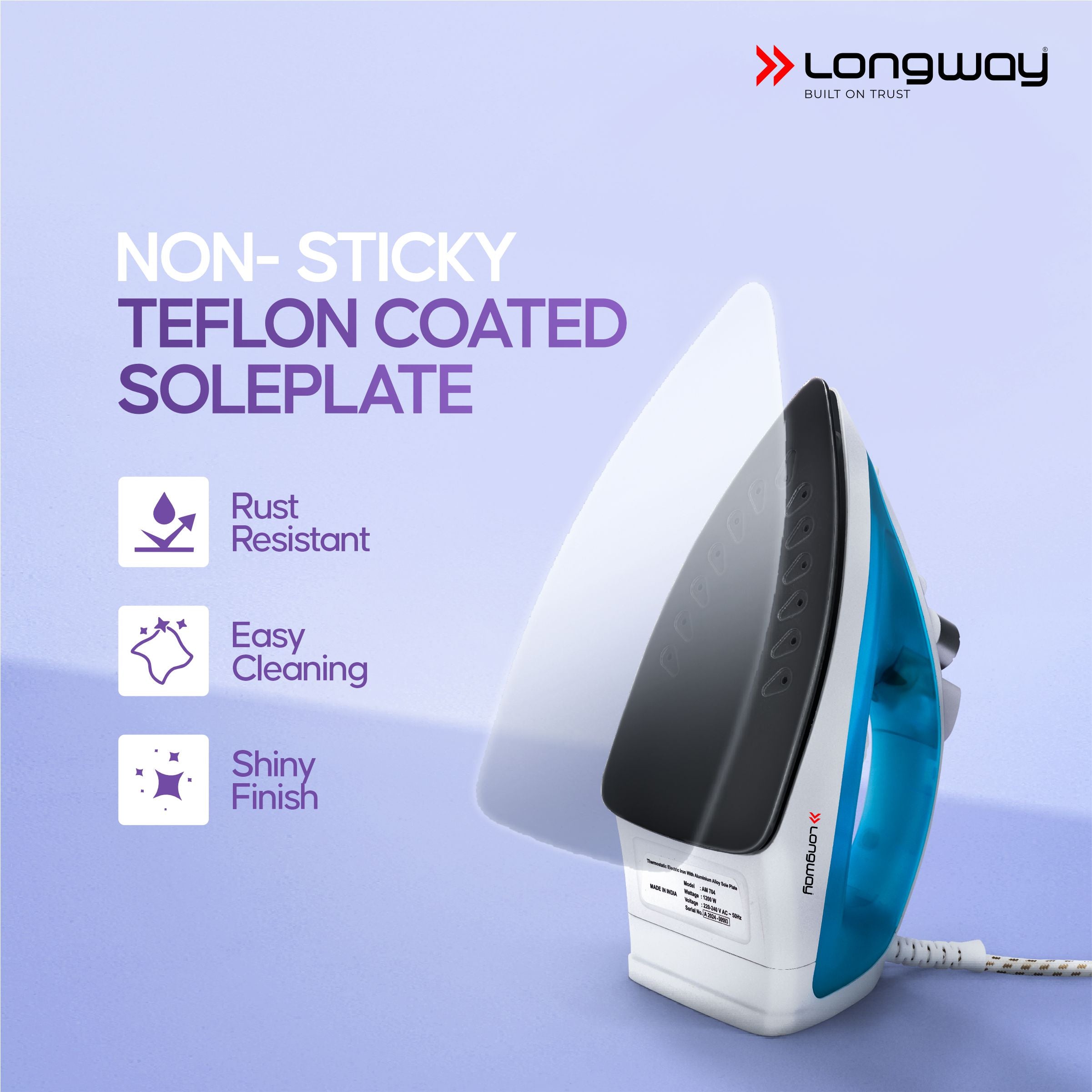 Longway Steamy Light Weight Non Stick Steam Iron, Powerful Steam Output Up to 18 G/Min (1400 Watt, Blue)