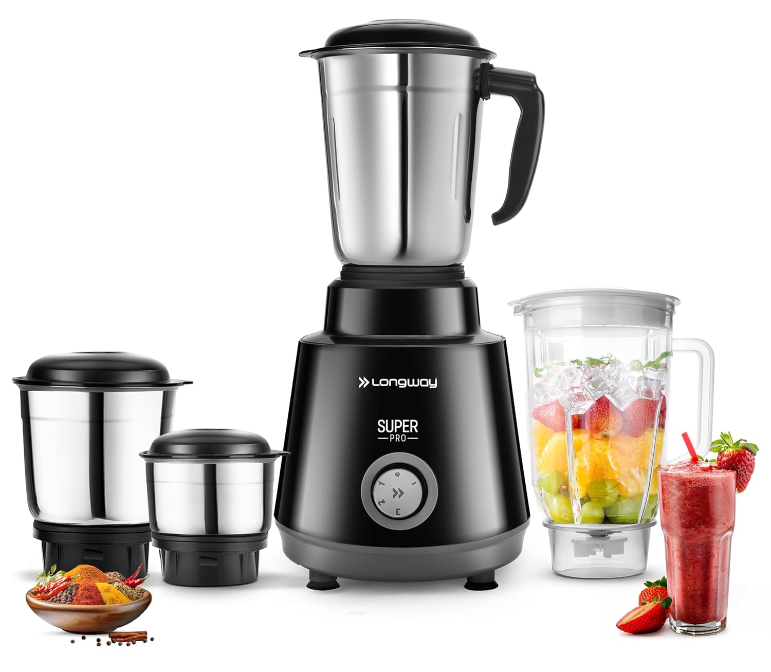 Longway Super Pro 750 Watt Juicer Mixer Grinder with 4 Jars for Grinding, Mixing, Juicing with Powerful Motor (Black & Gray, 4 Jars)