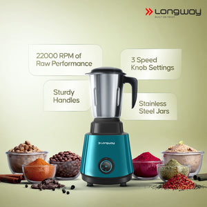 Longway Super Pro Juicer Mixer Grinder | Up to 500 - 750 Watt Max Output Powerful Motor | for Grinding, Mixing, Juicing | 2 Year Warranty
