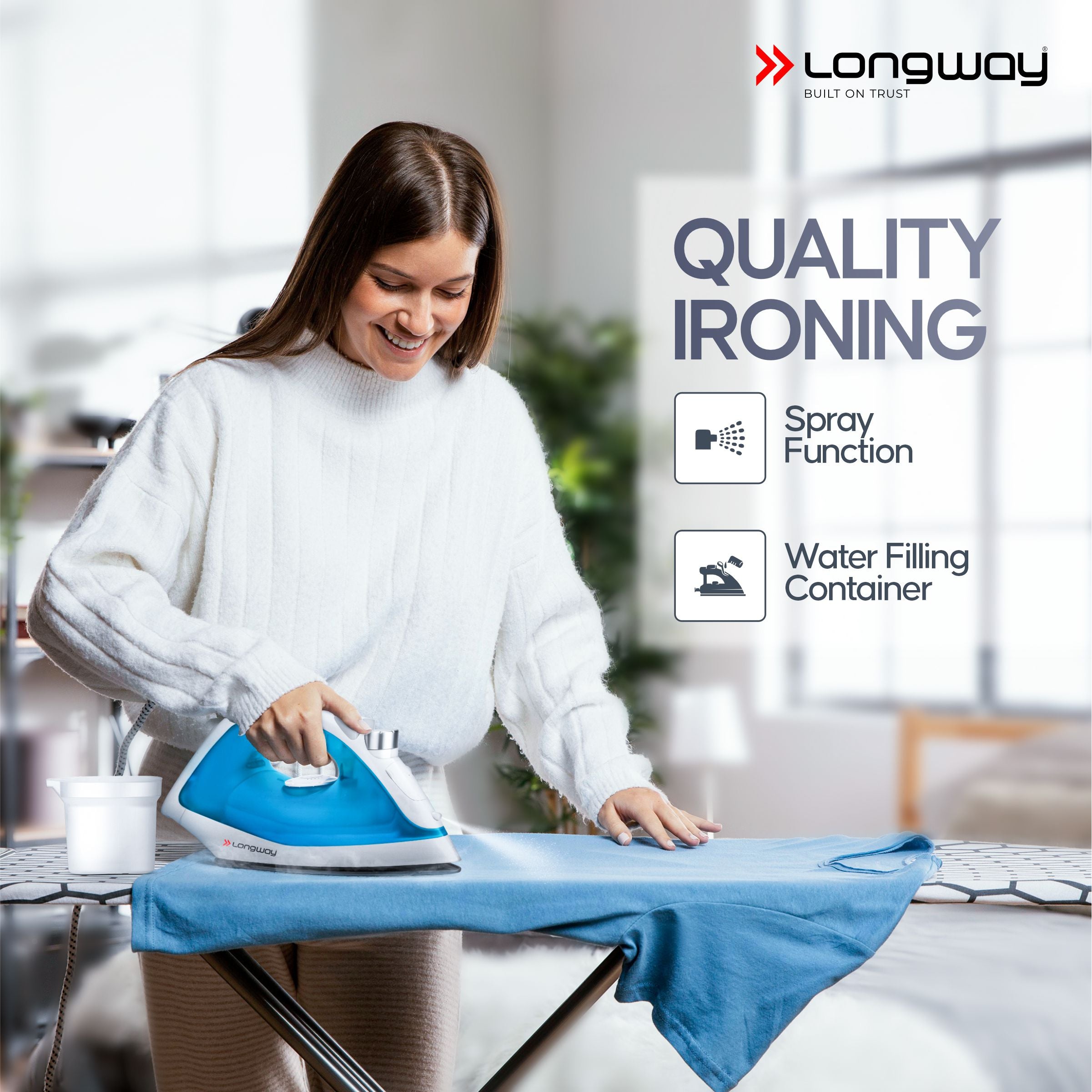 Longway Steamy Light Weight Non Stick Steam Iron, Powerful Steam Output Up to 18 G/Min (1400 Watt, Blue)