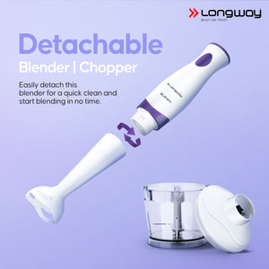 Longway Blendy Hand Blender with Chopper | Stainless Steel Blades | Detachable Anti Splash Plastic Foot | Perfect for Smooth Blends (300 W, Purple)