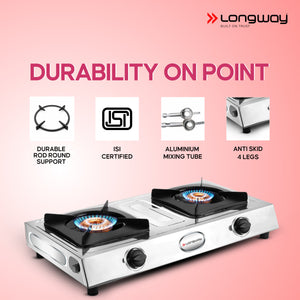 Longway Stellar Stainless Steel Top, 2 Burner Manual Ignition Stainless Steel Gas Stove (Silver, ISI Certified, 2 Year Warranty)