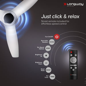 Longway Glideon 1200mm BLDC Ceiling Fan with Remote Control | Premium Look with Ultra Silent Performance | ABS Blade & Body | BEE 5 Star Rated | Anti-Dust Decorative Ceiling Fan | 5 Years Warranty (White, Pack of 1)