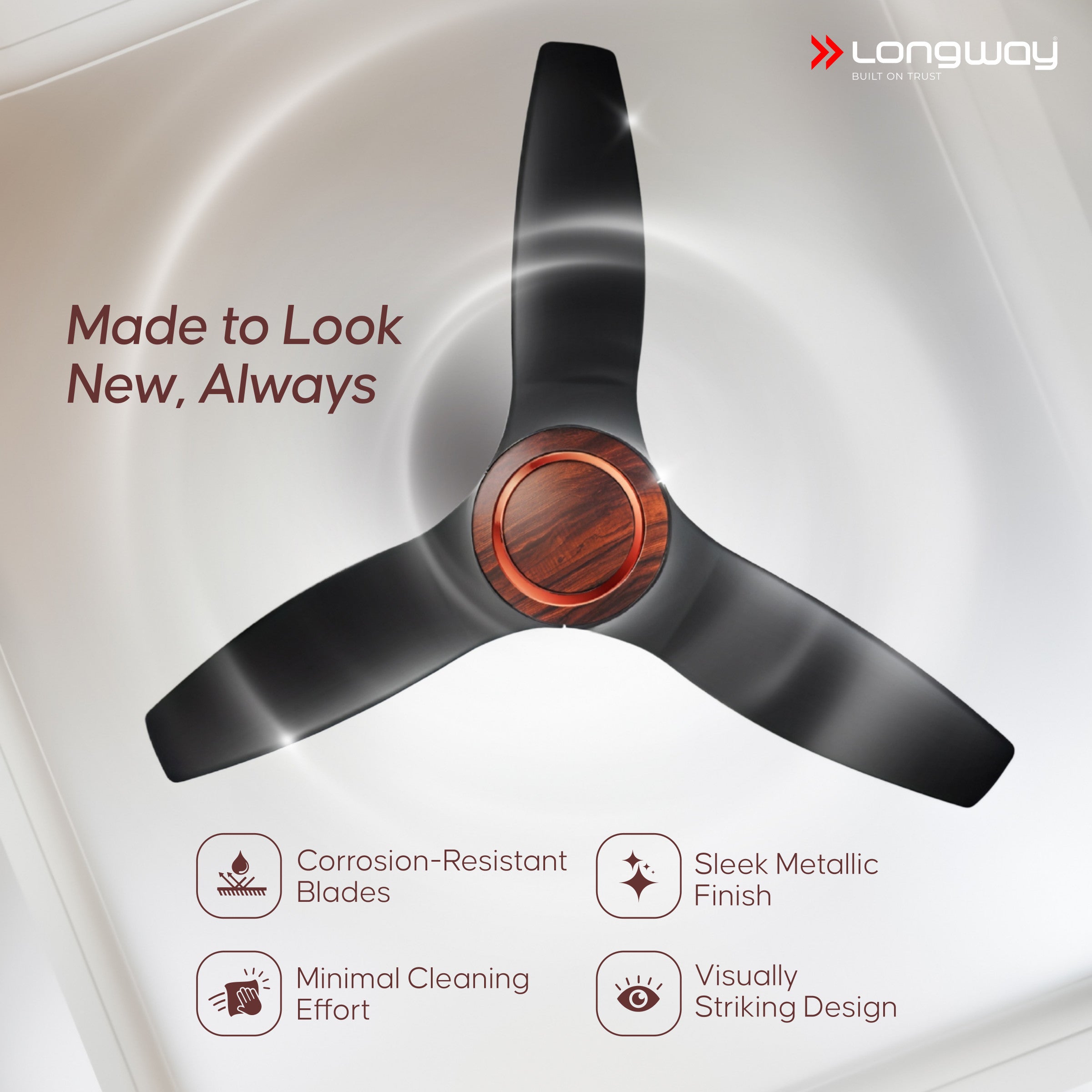 Longway Glideon 1200mm BLDC Ceiling Fan with Remote Control | Premium Look with Ultra Silent Performance | ABS Blade & Body | BEE 5 Star Rated | Anti-Dust Decorative Ceiling Fan | 5 Years Warranty