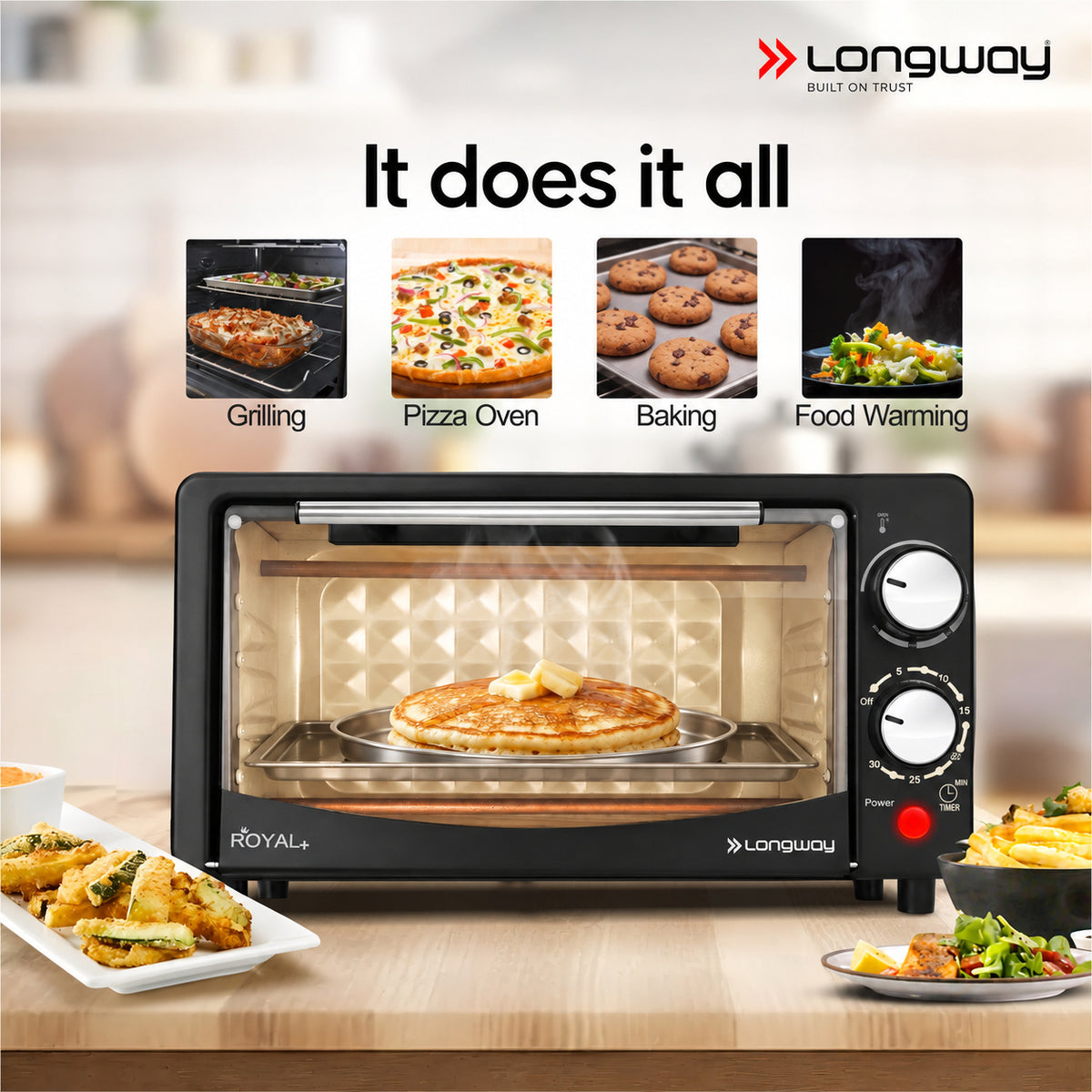 Longway Royal Plus OTG 12L Oven Toaster Griller with Multiple Heating Modes | Temperature Timer Control for Baking Pizza, Cake, Grilling Chicken & Toasting Bread | 2 Years Warranty (1000W)
