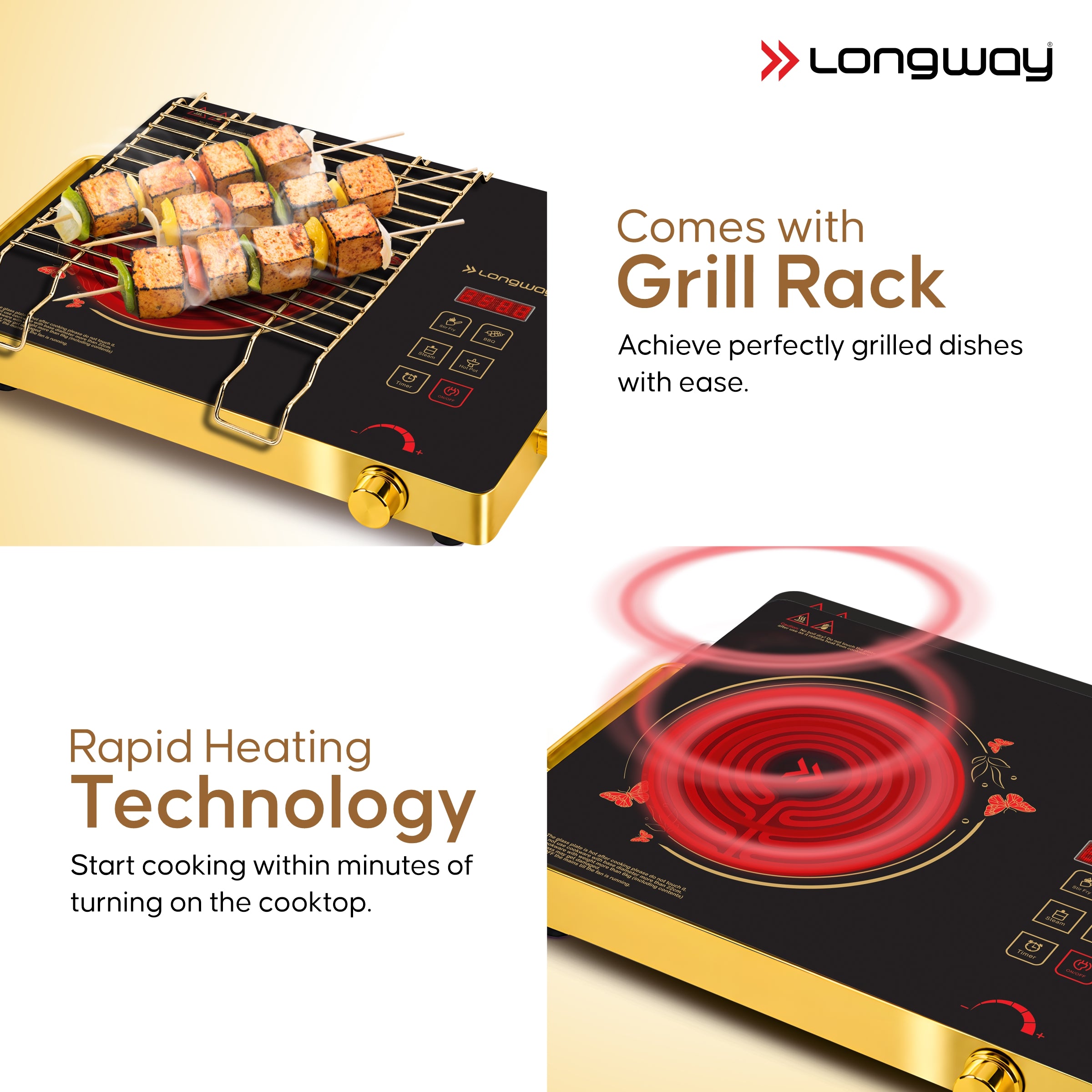 Longway Infralite Pro ICT 2200 W Infrared Cooktop with Free Stainless Steel Grill | Auto Shut Off & Overheat Protection