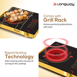 Longway Infralite Pro ICT 2200 W Infrared Cooktop with Free Stainless Steel Grill | Auto Shut Off & Overheat Protection