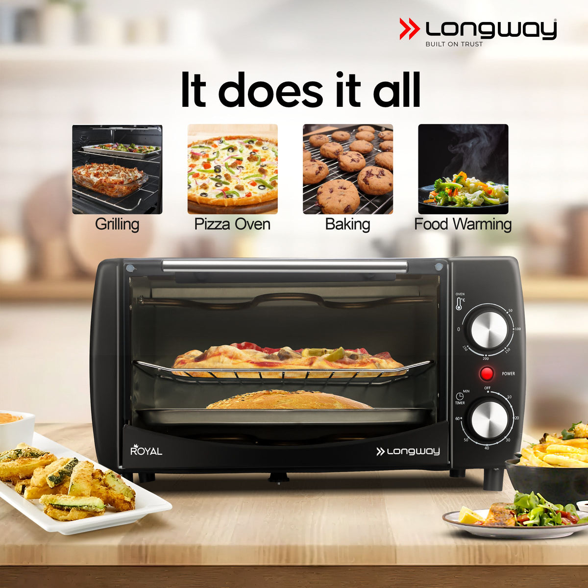 Longway Royal OTG 12 Ltr Oven Toaster Griller with Heating Modes | Temperature Timer Control for Baking Pizza, Cake, Grilling Chicken & Toasting Bread| (1000 W)