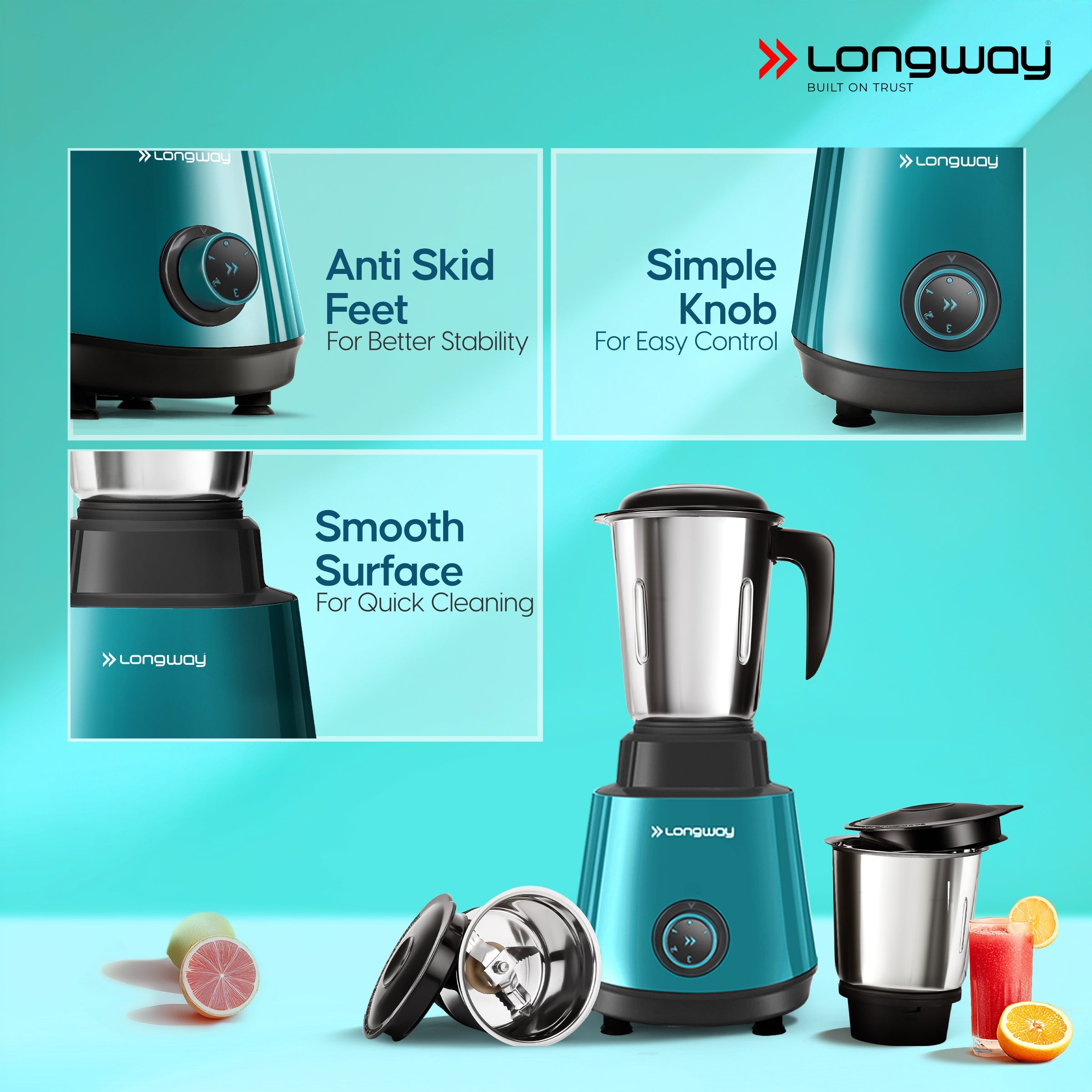 Longway Super Pro Juicer Mixer Grinder | Up to 500 - 750 Watt Max Output Powerful Motor | for Grinding, Mixing, Juicing | 2 Year Warranty