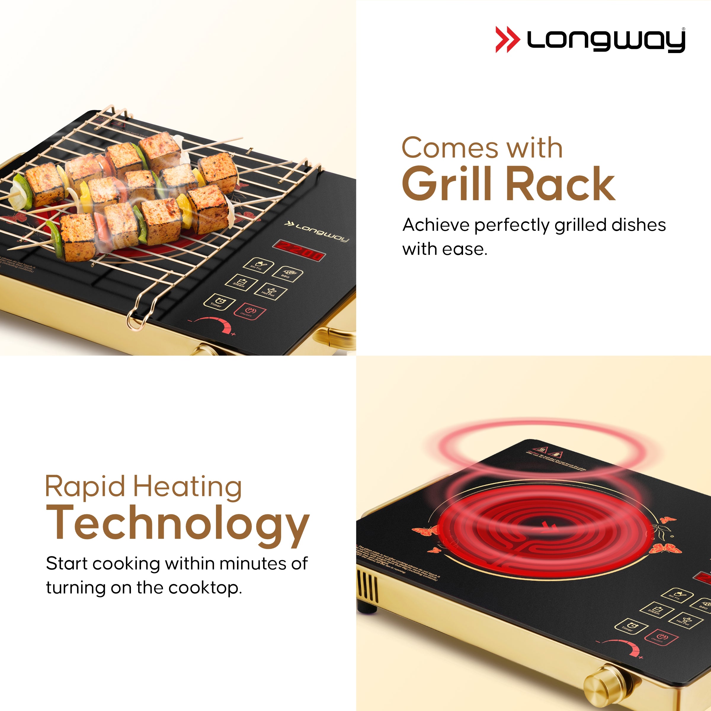 Longway Infralite Pro ICT 2200 W Infrared Cooktop with Free Stainless Steel Grill | Auto Shut Off & Overheat Protection