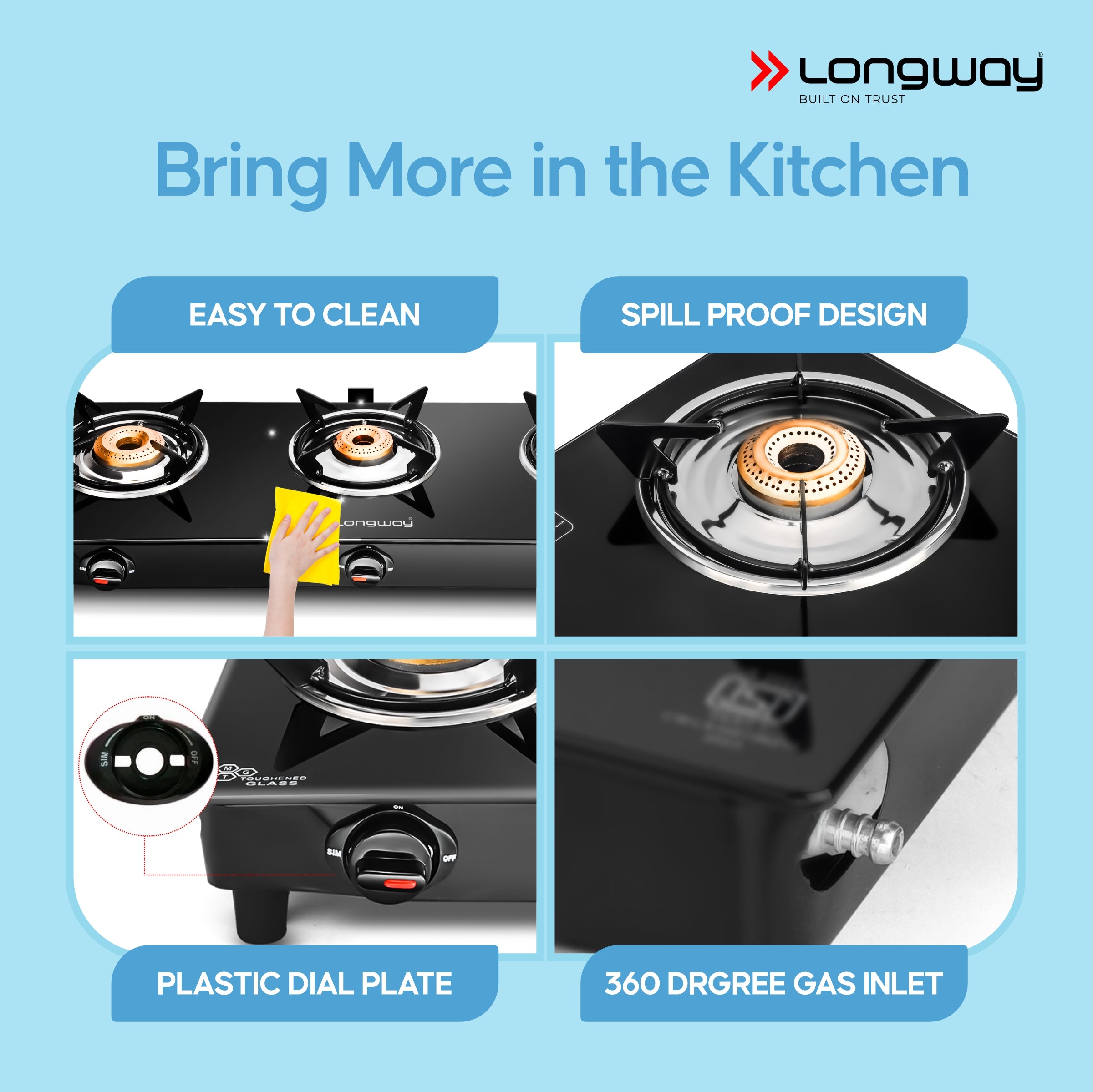 Longway Furn Glass Top, 3 Burner Manual Ignition Glass Gas Stove (Black, ISI Certified, 1 Year Warranty)