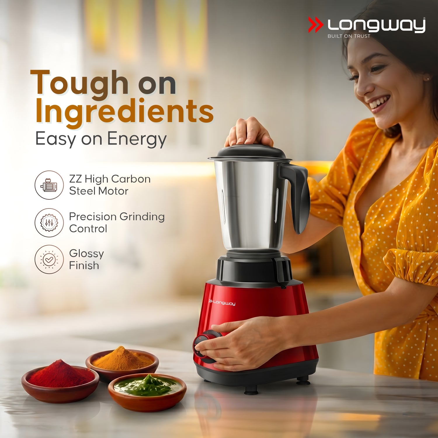 Longway Super Pro Juicer Mixer Grinder | Up to 500 - 750 Watt Max Output Powerful Motor | for Grinding, Mixing, Juicing | 2 Year Warranty