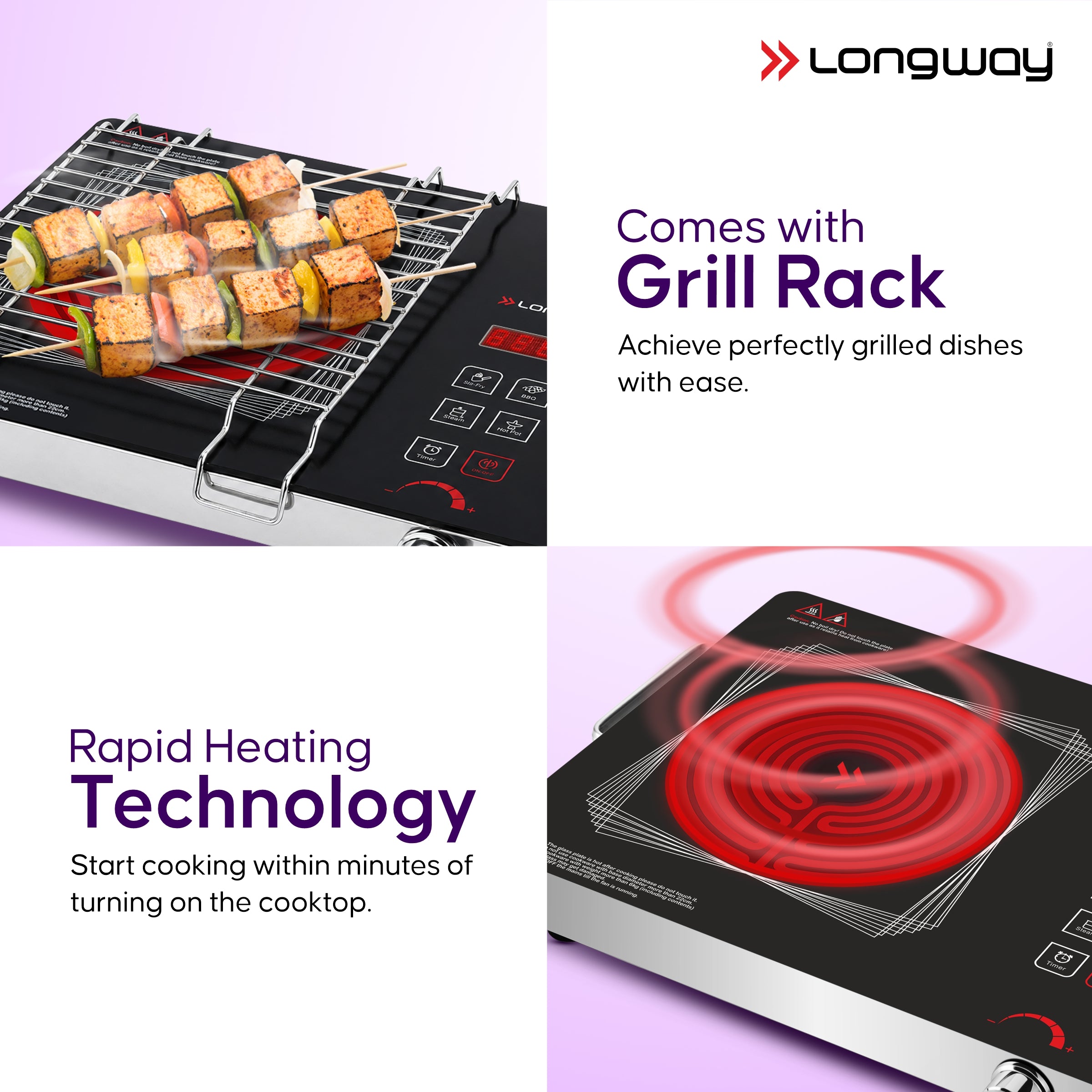 Longway Infralite Pro ICT 2200 W Infrared Cooktop with Free Stainless Steel Grill | Auto Shut Off & Overheat Protection