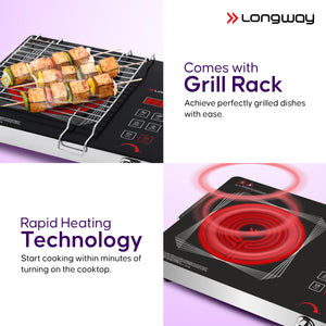 Longway Infralite Pro ICT 2200 W Infrared Cooktop with Free Stainless Steel Grill | Auto Shut Off & Overheat Protection
