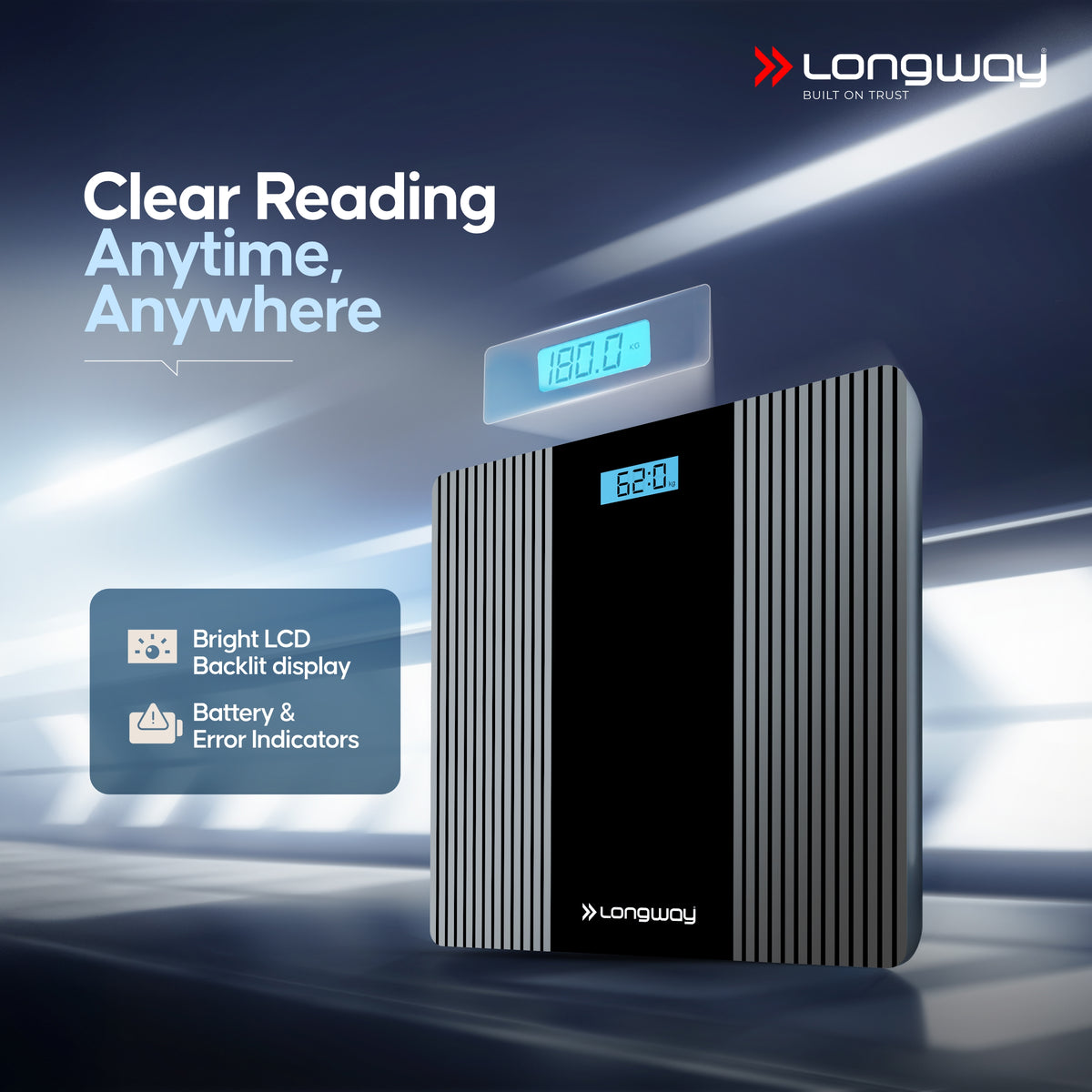 Longway Weight Machine for Home | Digital Bathroom Scale for Human Body Weight Measurement | Extra Thick Tempered Glass with LCD Display (36 Months Warranty | Max Weight 180Kgs | Strive)