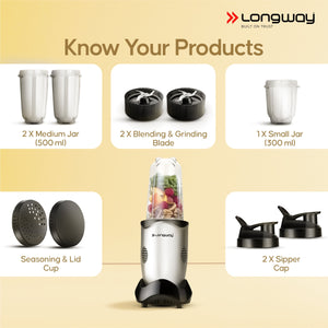 Longway Nutri Power 600 W Bullet Mixer Grinder & Smoothie Maker with Stainless Steel Blades & ABS Plastic Body | 22000 RPM | 3 Years Warranty (3 Jars, Silver)