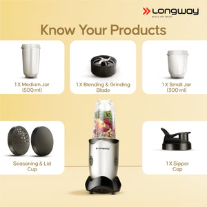 Longway Nutri Power 600 W Bullet Mixer Grinder & Smoothie Maker with Stainless Steel Blades & ABS Plastic Body | 22000 RPM | 3 Years Warranty (2 Jars, Silver)