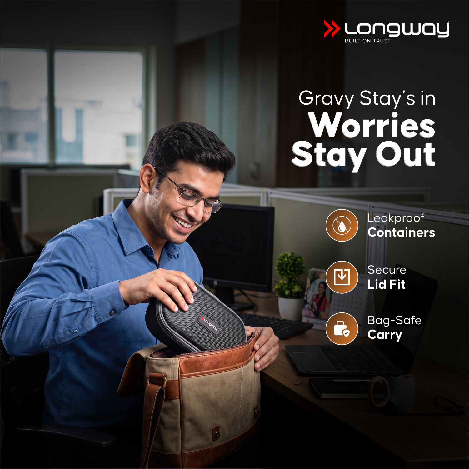 Longway Craveo Stainless Steel Lunch Box with 3 Containers | 2 Round 300ml Each & 1 Oval 500ml | Airtight & Leak Resistant Tiffin Box with Spoon | Food-Grade Steel Lunch Box for Office, School & College