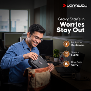 Longway Craveo Stainless Steel Lunch Box with 3 Containers | 2 Round 300ml Each & 1 Oval 500ml | Airtight & Leak Resistant Tiffin Box with Spoon | Food-Grade Steel Lunch Box for Office, School & College