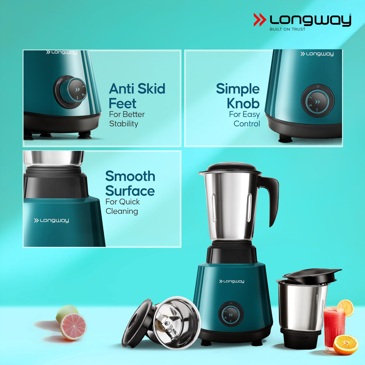 Longway Super Pro Juicer Mixer Grinder | Up to 500 - 750 Watt Max Output Powerful Motor | for Grinding, Mixing, Juicing | 2 Year Warranty
