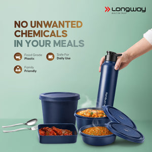 Longway Kivo Lunch Box with 3 Containers, 750ml Stainless Steel Bottle & Insulated Bag | Microwave Safe Food-Grade Containers (290ml, 400ml & 600ml) | Cutlery & Pickle Box