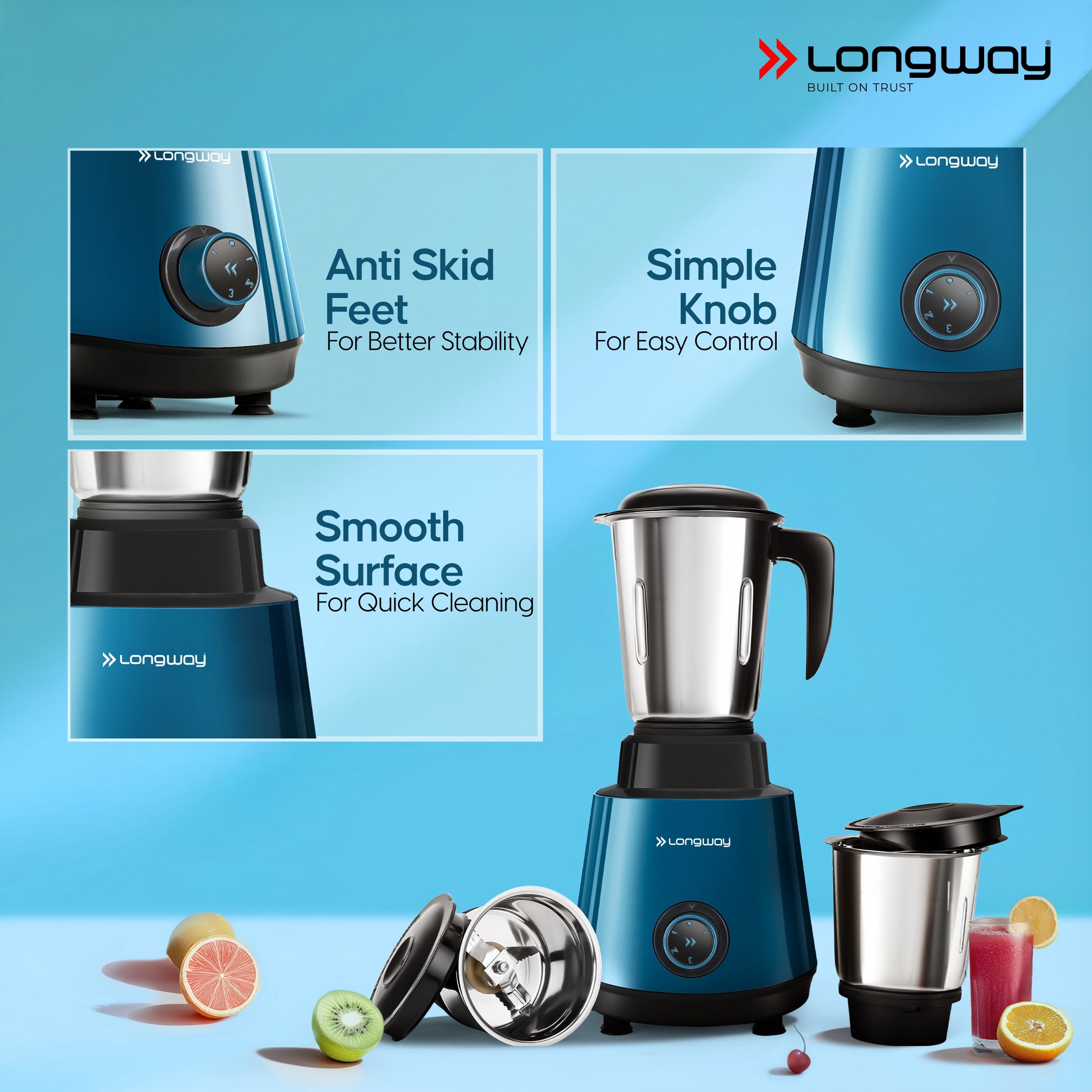 Longway Super Pro Juicer Mixer Grinder | Up to 500 - 750 Watt Max Output Powerful Motor | for Grinding, Mixing, Juicing | 2 Year Warranty