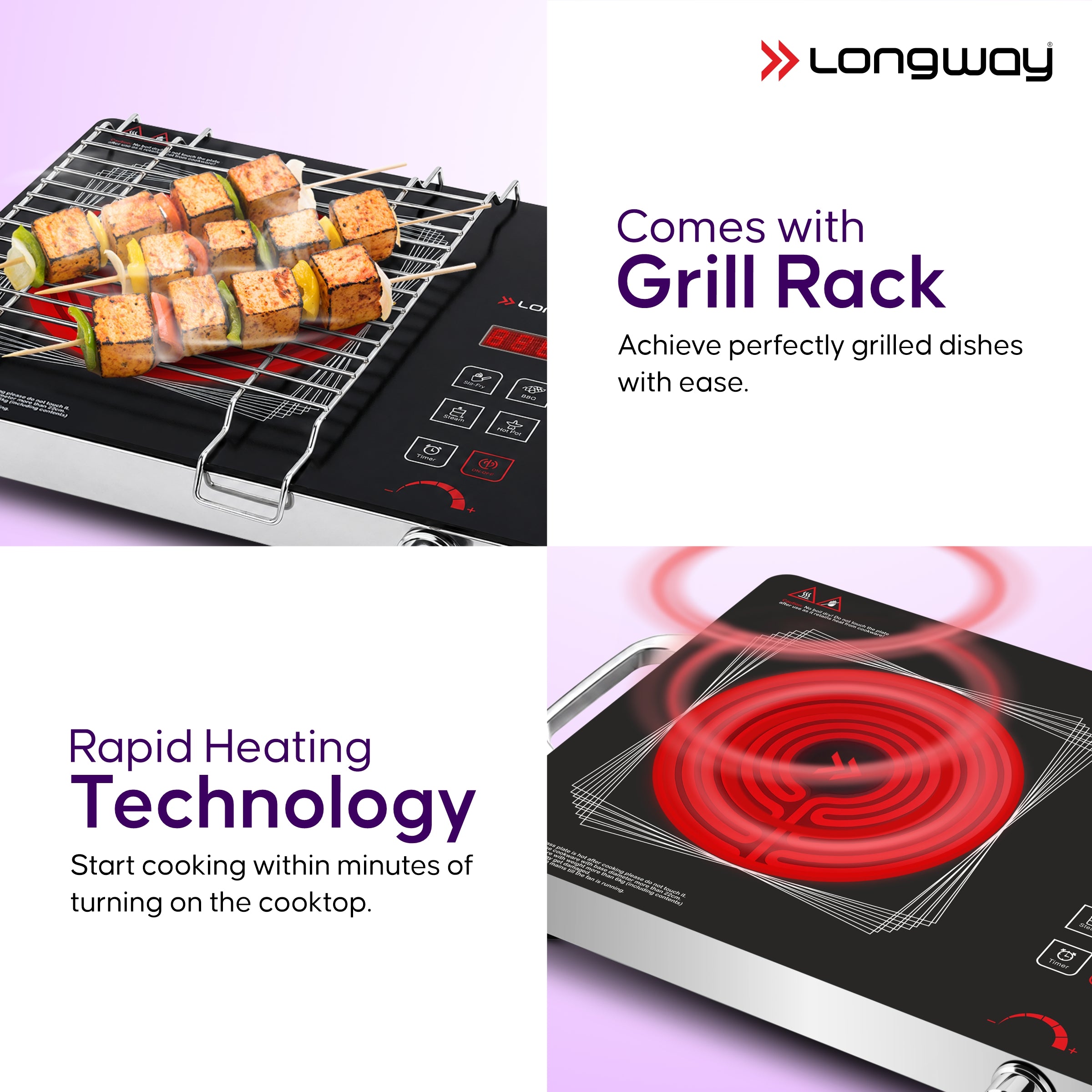 Longway Infralite Pro ICT 2200 W Infrared Cooktop with Free Stainless Steel Grill | Auto Shut Off & Overheat Protection