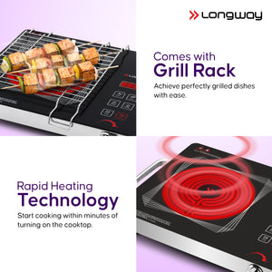 Longway Infralite Pro ICT 2200 W Infrared Cooktop with Free Stainless Steel Grill | Auto Shut Off & Overheat Protection