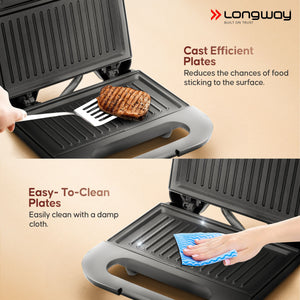 Longway Grilly Pro 850 W Grill Sandwich Maker & Toaster | Non-stick Coating Cast Aluminum Plates | Grills Sandwiches, Bread & Kebabs | 1 Year Warranty (Metallic Silver)