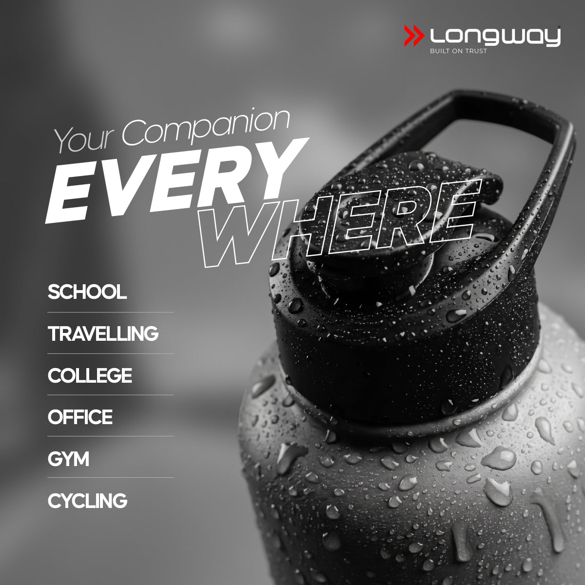 Longway Rush 1 Ltr Stainless Steel Water Bottle | Leak-Proof & Rust-Free Design | Perfect for School, Office, Home, Gym, Travel & Ideal for Men, Women & Kids (1000 ml)
