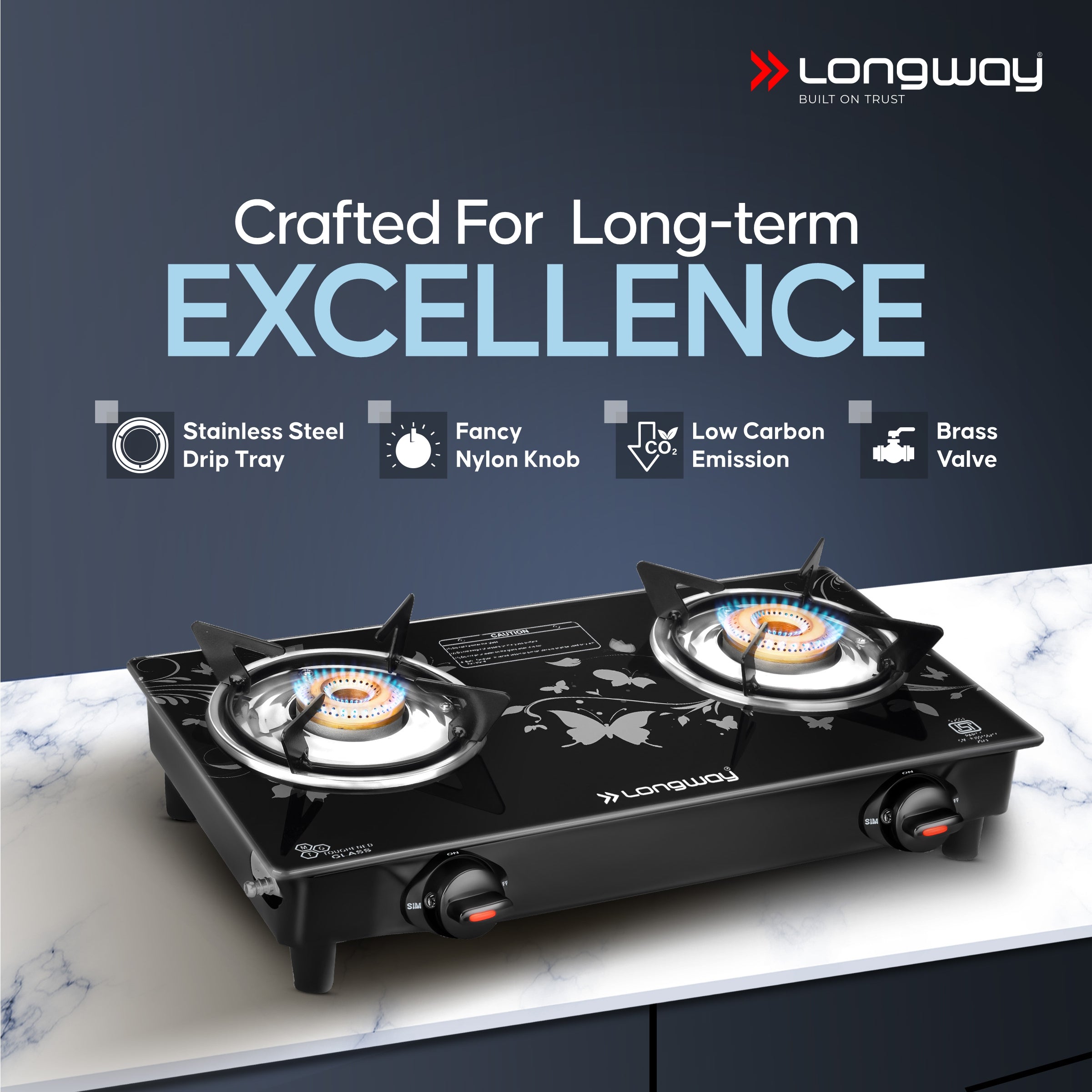 Longway Astra Glass Top, Manual Ignition Glass Gas Stove (Black, ISI Certified, 2 Years Warranty)
