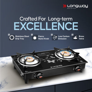 Longway Astra Glass Top, Manual Ignition Glass Gas Stove (Black, ISI Certified, 2 Years Warranty)