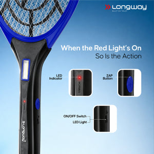 Longway Zappy Rechargeable Mosquito Racket | 3500V DC Voltage on the Net Mesh| Insect Killer Bat | 500mAH Battery | Large Net Area for Better Coverage | Long Lasting Internal Battery | 1 Year Warranty